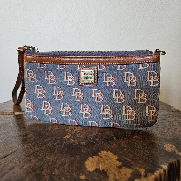 Dooney & Bourke DB Monogram Wristlet Blue Canvas Brown Leather Trim Small Bag - Picture 8 of 10